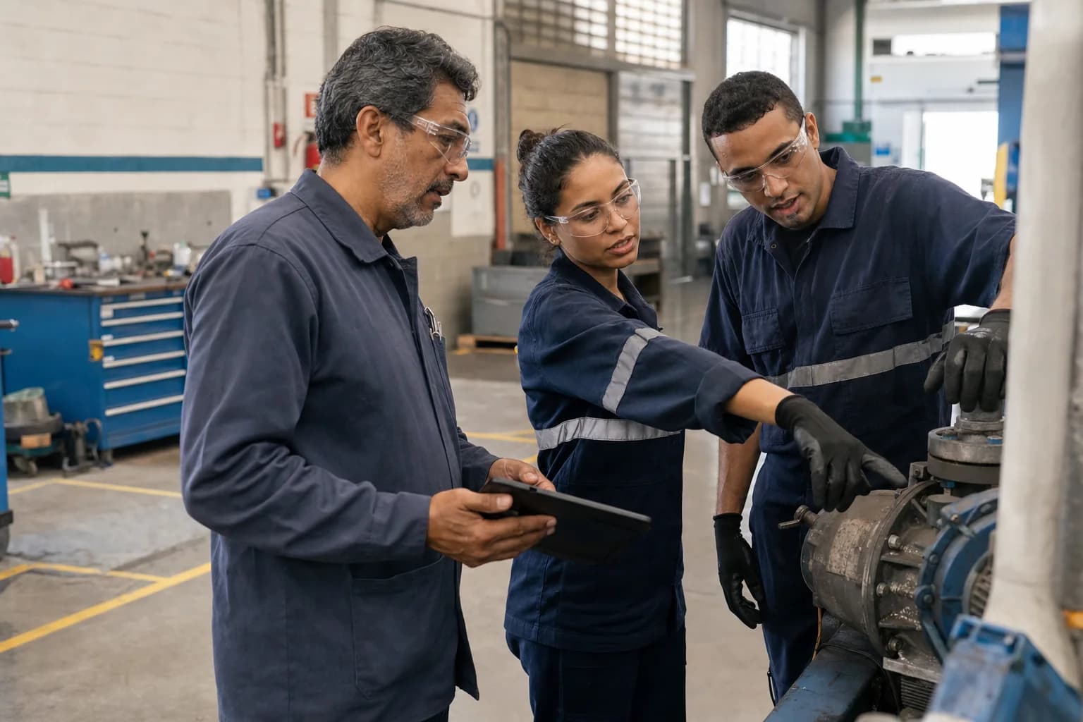 Equipe de manutenção revisando uma inspeção em uma instalação industrial